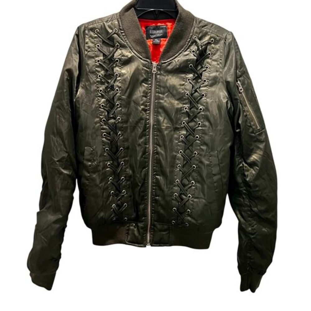 Stylish Olive Bomber Jacket with Lace Accents